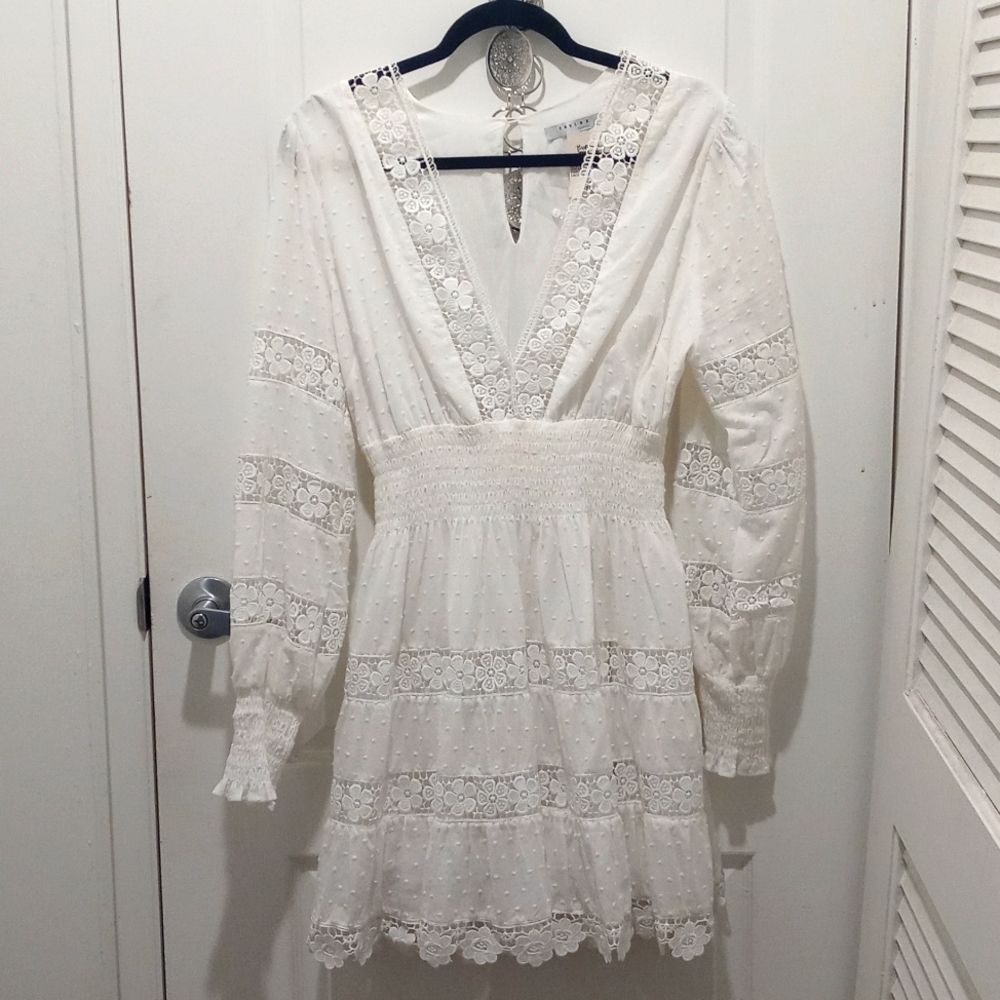 White Favlux Long Sleeve Lace & Cotton Dress